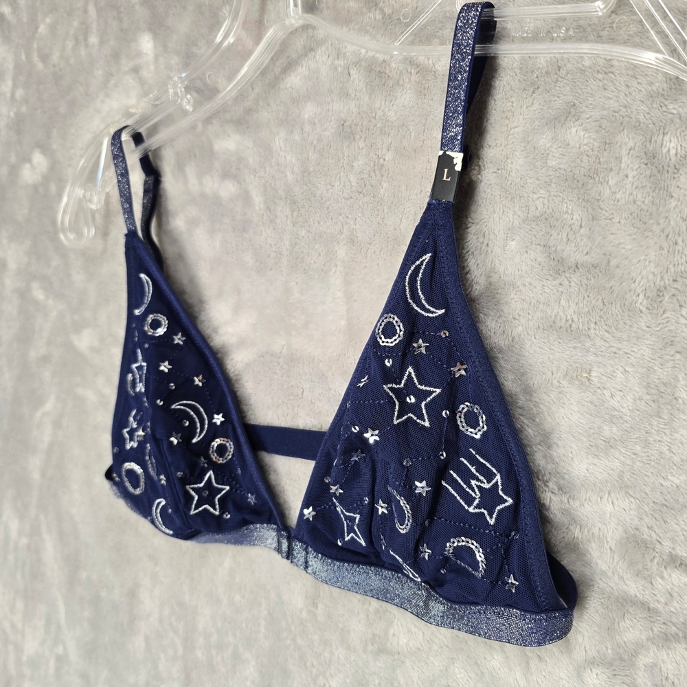 Victorias Secret Bralette Women L Navy Celestial Moon Star Sequin Galaxy Emo Y2K - Picture 7 of 10